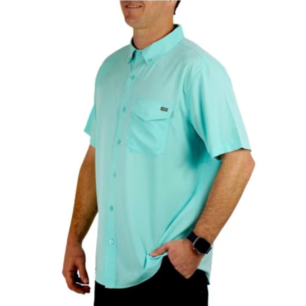 AFTCO Palomar Tech Short Sleeve Button Down Shirt Aqua Casual Fishing Outdoors M